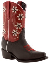 Girls Red Flower Embroidered Cowgirl Dark Brown Leather Boots Snip Toe - $52.24