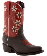 Girls Red Flower Embroidered Cowgirl Dark Brown Leather Boots Snip Toe - €47,76 EUR