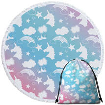 White Silhouettes Clouds and Unicorns Round Beach Towel - $14.90+