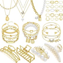 43 Pcs Gold Jewelry Set with 6 Pcs Necklace 13 Pcs Bracelet 20 Pcs Rings and 4 P - £34.85 GBP