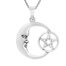 Magical Harmony Crescent Moon Face and Pentacle Star Sterling Silver Necklace - £22.15 GBP