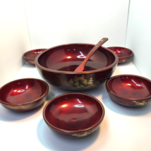 Japanese Hand Painted Rich Burgundy Lacquerware Salad Bowls &amp; Serving Fork MCM - £38.69 GBP