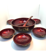 Japanese Hand Painted Rich Burgundy Lacquerware Salad Bowls &amp; Serving Fo... - $49.49