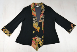 Soft Surroundings Black Kimono Style Cardigan Jacket Asian Floral Trim Wms Med - £29.91 GBP