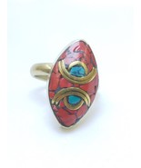 Vintage Tuareg Brass Turquoise Inlay Ring – Handmade Boho Statement Jewelry - $826.88 MXN