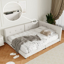 Upholstered Queen Size platform bed with USB Ports, Beige - $337.65