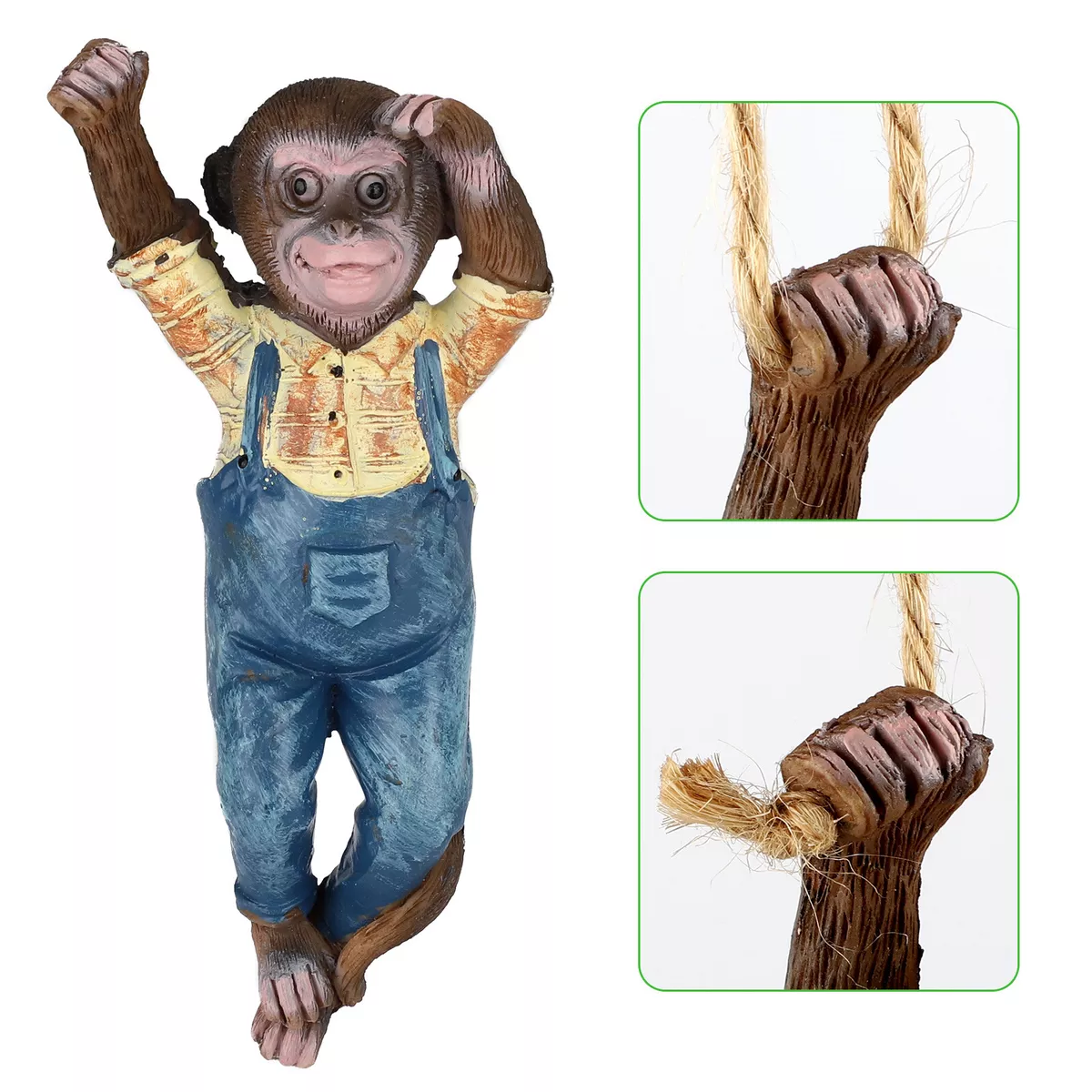 Monkey Chimp Statue Hanging Rope Ornament Outdoor Sculpture Resin Garden... - $19.99