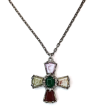 Colorful Ornate Faux Stone &amp; Silver Tone Cross Necklace  Approx 24&quot; Chain - £15.80 GBP