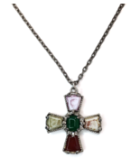 Colorful Ornate Faux Stone &amp; Silver Tone Cross Necklace  Approx 24&quot; Chain - £15.84 GBP