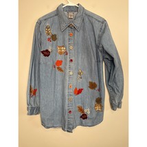 1990s Fashion Bug Denim Fall Leaves Plaid Corduroy Harvest Oxford Shirt 1X - £22.50 GBP