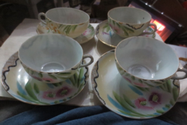 4 Vintage Teacup &amp; Saucers Floral Scalloped Raised Dot Moriage Design Japan - $27.69