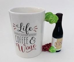 COFFEE MUG Life is What Happens Between Coffee & Wine Ceramic Cup Grapes NEW