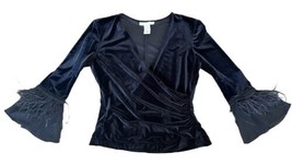 Jackie Jon New York Bell Sleeve Feathers Solid Black Velvet RucheWrap To... - £25.26 GBP
