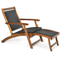 Patio Rattan Folding Lounge Chair with Acacia Wooden Frame Retractable Footrest - £147.97 GBP