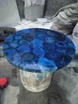 12&quot; Blue Agate Round Coffee Center Table Modern Arts Console Bar Furniture Decor - £277.25 GBP