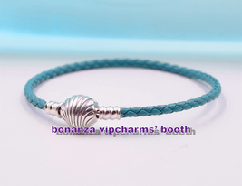925 Sterling Silver Moments Seashell Clasp Turquoise Leather Bracelet Fit Charms - £17.31 GBP+