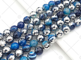 Half Silver Plated Blue Agate Beads - 8/10/12mm Round Faceted Beads - Sku# UA128 - $9.00+