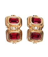 Vtg Clip On Gold Tone Earring Simulated Ruby Crystal Double Rhinestone - €10,28 EUR