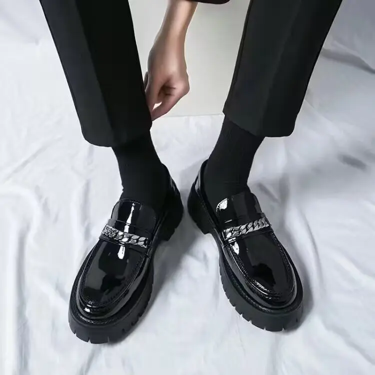 New Loafers Round Toe Metal Buckle Decoration Slip-On Breathable Black Pu Leathe - £54.41 GBP