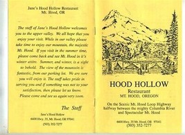 Jane&#39;s Hood Hollow Restaurant Menu Mt Hood Oregon Loop Highway  - £14.04 GBP