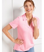 Talbots Sz XL Pink Stretch Open Split V Neck Roll Cuff Pullover Blouse T... - $29.34 CAD