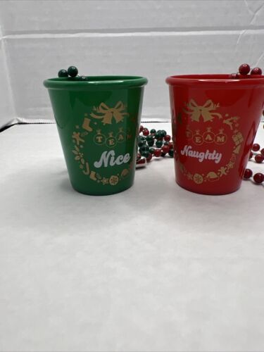 2 Pieces Christmas Shot Glass Necklace Plastic Green Red Team Naughty Nice - $2.48