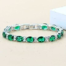 9.60 Ct Oval Cut Green Emerald &amp; Diamonds 14k White Gold Over 7&quot; Tennis ... - £98.84 GBP