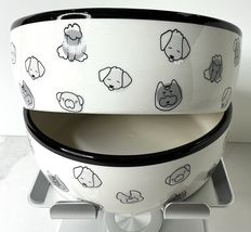 2 Gray Dog Faces Pattern Ceramic Dog Bowl Medium Water and Food Dish Mic... - $29.65