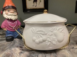 TELEFLORA CERAMIC COVERED BOWL DISH WITH HOLDING RACK, GOLD TRIM - $30.00