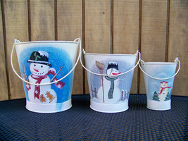 Set Of 3 Snowman Tin Pails Holiday Planters Decoration Christmas Winter - $24.97
