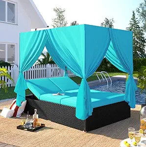 Merax Outdoor Patio Wicker Sunbed Daybed with Canopy, Overhead Curtains,... - $1,000.99