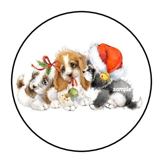 CHRISTMAS PUPPIES ENVELOPE SEALS STICKERS LABELS TAGS FAVORS 1.5" ROUND (30)