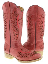 Womens Western Wear Boots Red Leather Sequins Inlay Wings Square Toe - £75.76 GBP