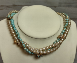 Vintage Faux Pearl Blue Bead Twisted 3 Strand Choker Necklace Flower Rhinestones - £25.78 GBP