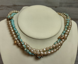 Vintage Faux Pearl Blue Bead Twisted 3 Strand Choker Necklace Flower Rhinestones - £26.36 GBP