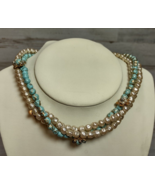 Vintage Faux Pearl Blue Bead Twisted 3 Strand Choker Necklace Flower Rhi... - £25.68 GBP