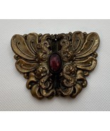 Antique Art Nouveau Brass Brooch Pin With Red Glass Cabochon Floral Desi... - €28,24 EUR