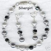 Silver Gray Black Imitation Pearl Glass Bracelet Earring Set - $405.24 MXN