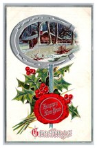 Night View Cabin Holly Happy New Year Foiled Embossed UNP DB Postcard J18 - $4.42