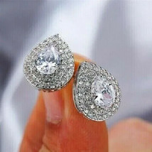 2.50Ct Pear Simulated Moissanite Double Halo Stud Earrings 14K White Gold Plated - £32.34 GBP