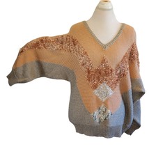 Vintage 80s Neutral Beige Peach Geometric Balloon Sleeve Slouchy Sweater - £22.24 GBP