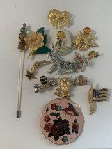 13 Brooches/pins, 1-hat Pin Multicolored Stones Owls Angels Stars Enamel... - $26.18