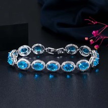 Lab Created Swiss Blue Topaz 14K White Gold Plated Women&#39;s Tennis Bracelets 7&quot; - $261.57