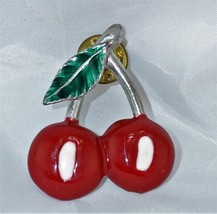 Vintage Bright Red Cherry Enamel Lapel Pin  Tie Tack - £10.12 GBP