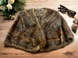 Vintage Mink Brown Real Fur Wrap Shawl Capelet Satin Lining MCM Cape Scarf - £146.27 GBP