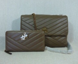 NEW Tory Burch Classic Taupe Leather Kira Chevron Shoulder Bag + Wallet ... - $838.00