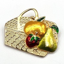 Vtg Gold Tone Picnic Basket Brooch Enamel Fruit Strawberry Pear Summer 2&quot; - $14.01