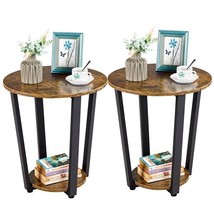 2Pcs Retro Side Tables Round End Table Set Of 2 Coffee Tray With Storage Rack - £108.63 GBP