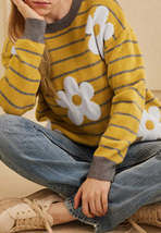 Flower Stripe Round Neck Long Sleeve Sweater - $37.00