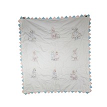 Vintage Hand Sewn Baby Quilt Nursery Rhymes White Blue Pink 43 x 39 - $49.99